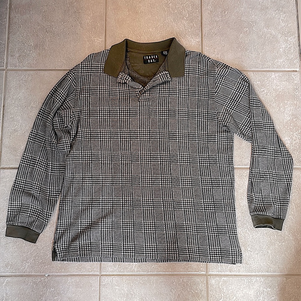 Trader Bay Houndstooth Rugby Polo | Olive Green & Black | Size: L